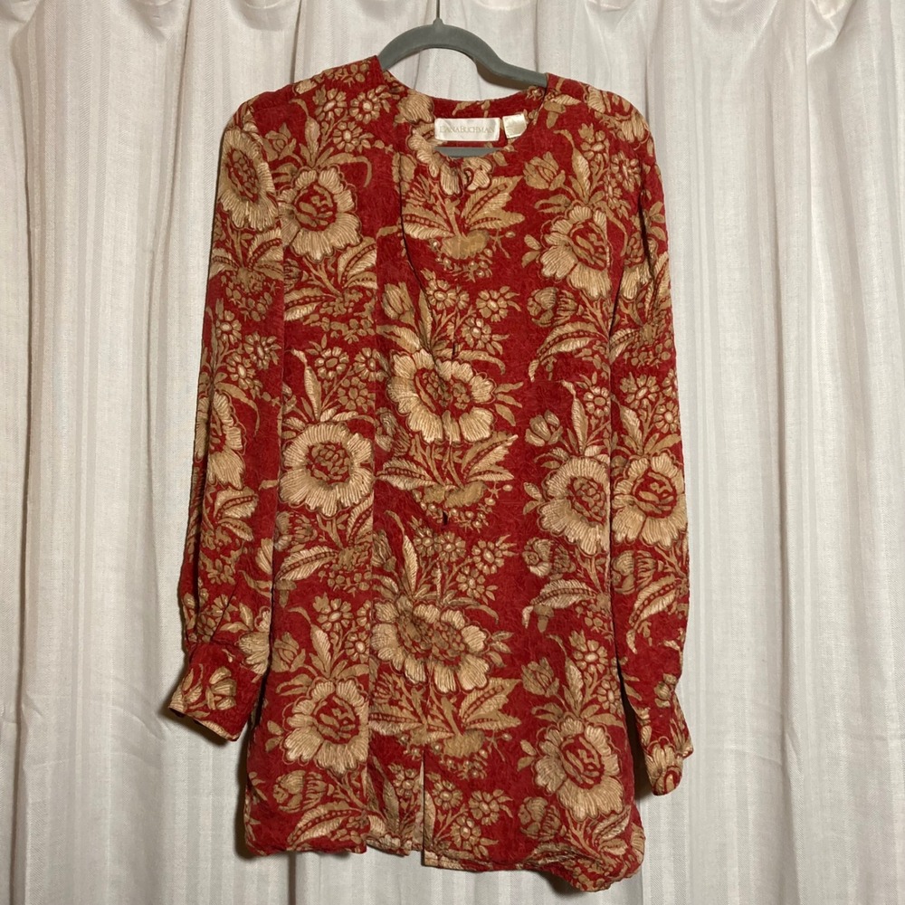 Dana Buchman Vintage Silk Floral Jacquard Blouse Red Gold Crinkle Top 14 *Damage
